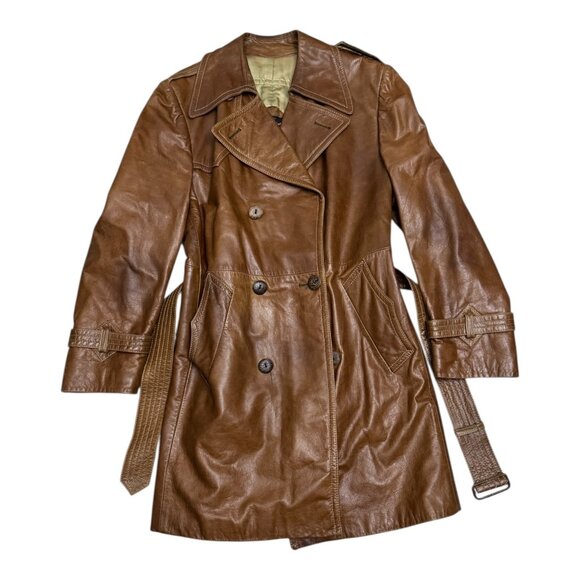 VINTAGE LEATHER Cortefiel Retro Long Luxury Leather Trench Coat Mens 42 - Picture 2 of 9